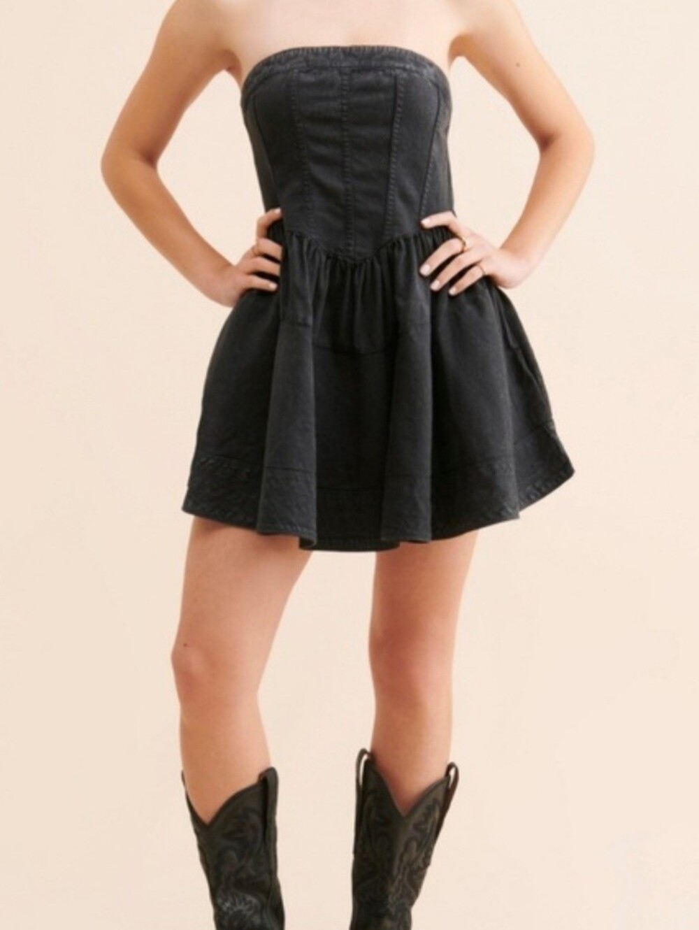 Free People Candace Corset Black Strapless Mini Dress Fit&Flare Sz:M Boho Party